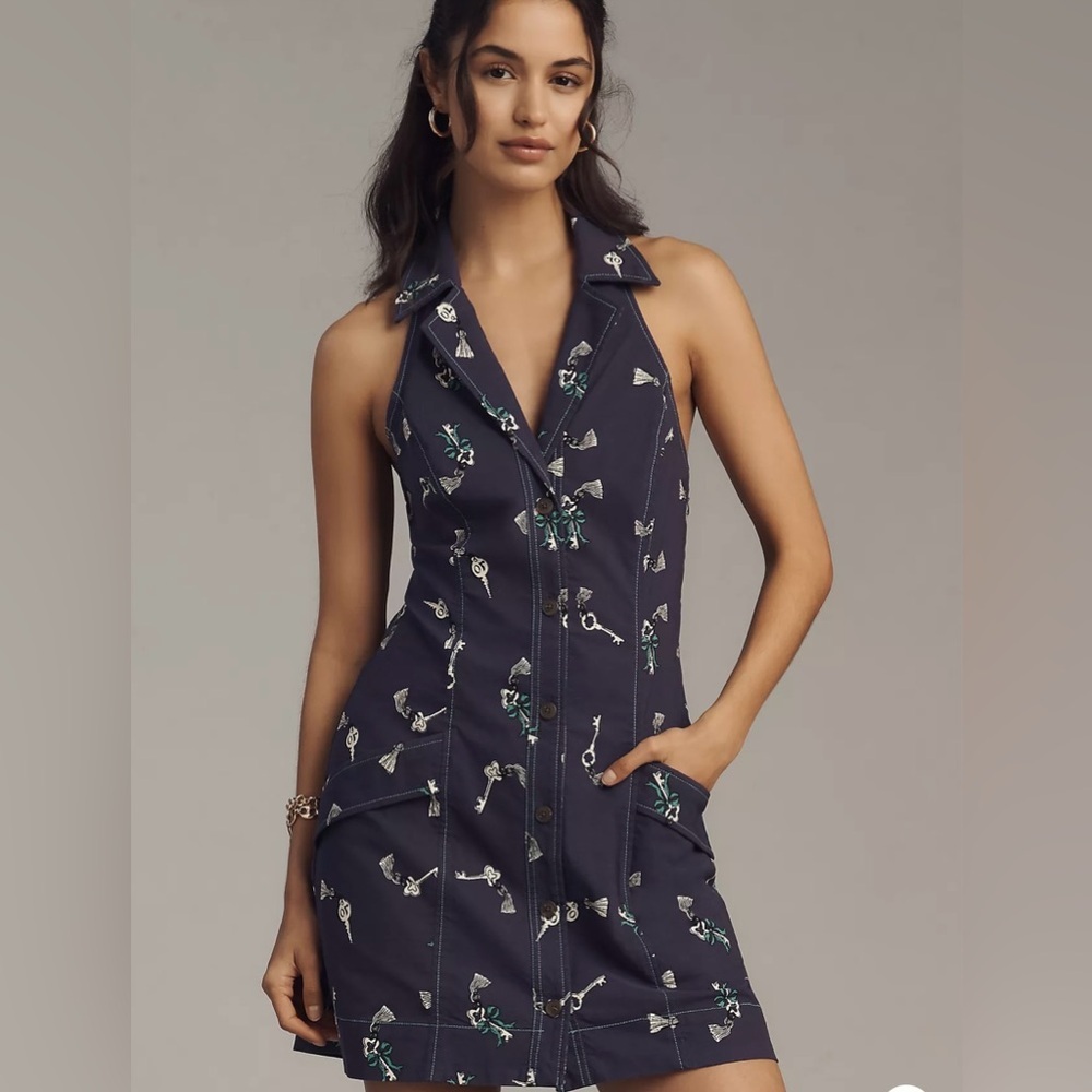 Maeve Indigo Vest with Key and Bow Print Dress, size small, new with tags